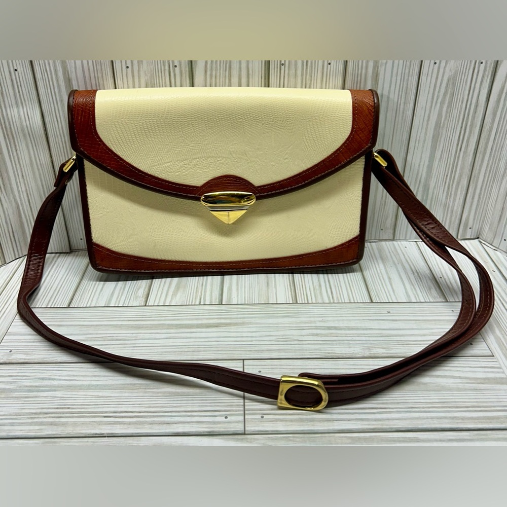 Vintage D. Brev Shoulder Bag Handbag Purse Ivory Brown Rectangle 11"